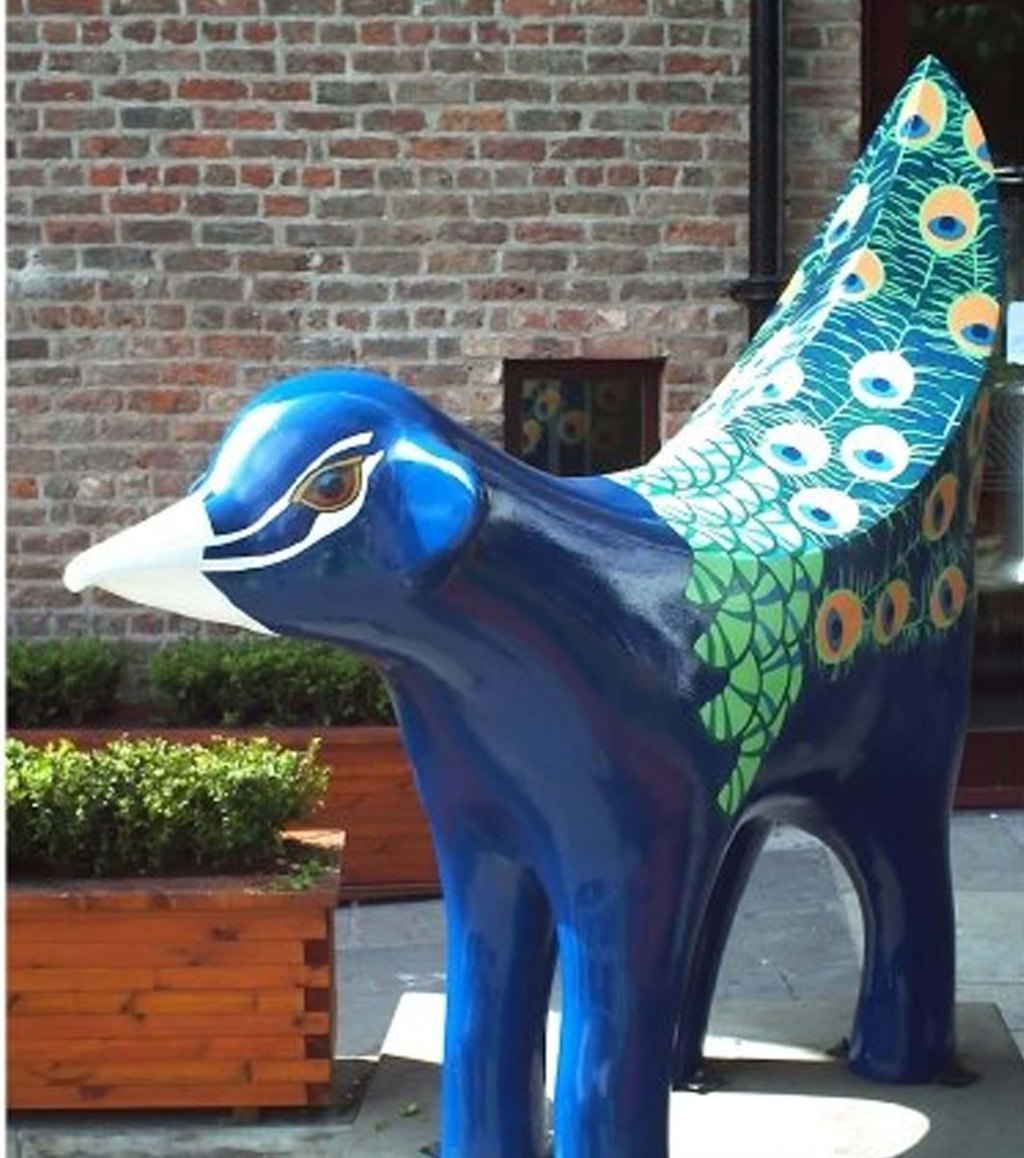 Image of Superlambanana Peacock, public art sculpture painted by Alison Little