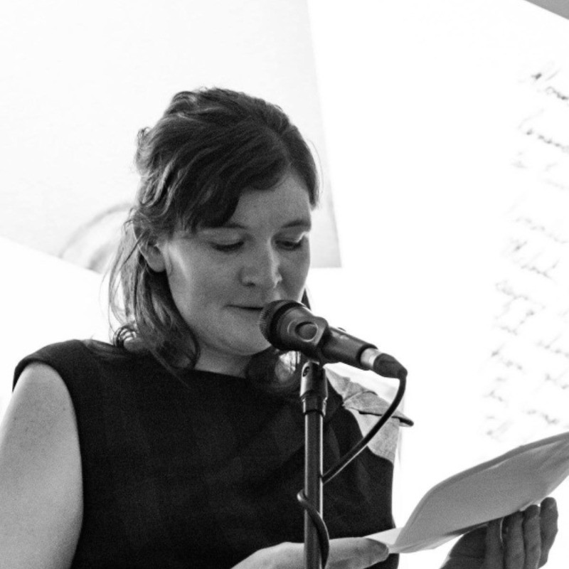 Author and artist Alison Little reading at the Private View during the opening night of an art exhibition, engaging the audience with a live reading performance.