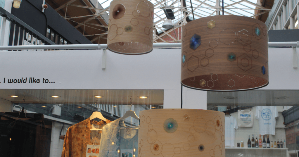 Jane Blease handmade lampshades displayed at Manchester Craft and Design Centre.