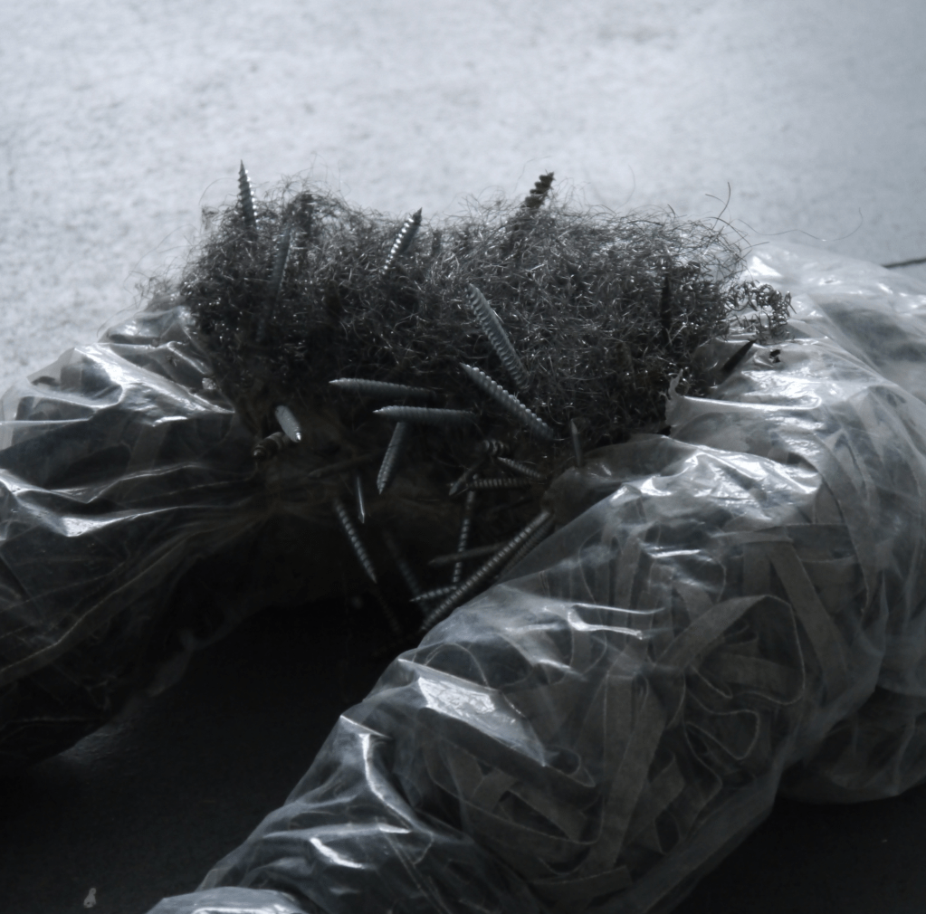 Close up photograph of one of the works from SV collection. Pubic hair is depicted with wire wool, screw indicate violence.