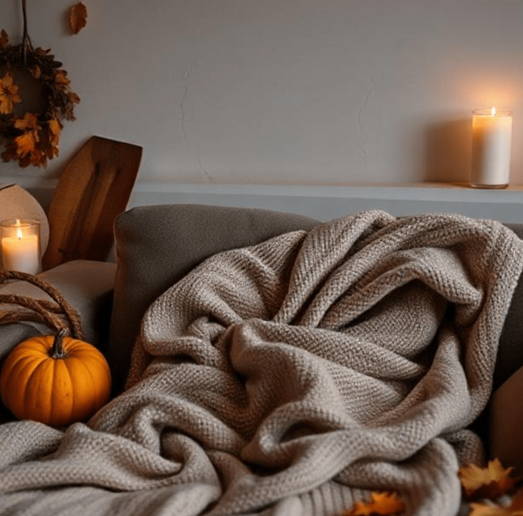 Autumnal scene with throw, pumpkin and candles.