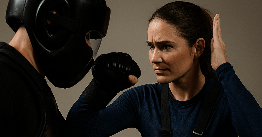A determined woman practices self-defense with a martial arts instructor in a gym. She wears a navy blue athletic shirt, black leggings, and a chest-mounted LED safety light. Her right fist is pressed against the instructor’s padded helmet while her left hand is raised protectively. The instructor is dressed in a full black protective suit. The background features a beige wall and blue floor mats.