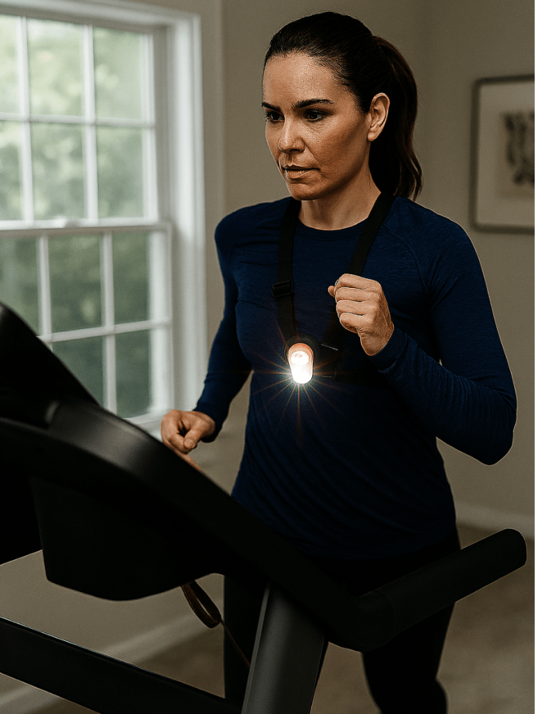 A fit woman with light skin runs on a black treadmill in a bright home gym. She wears a navy blue long-sleeved athletic shirt, black leggings, and a chest-mounted LED safety light. Her brown hair is tied back in a ponytail, and she looks focused as she grips the treadmill handle. Sunlight streams through a large window behind her, and a framed artwork hangs on the light gray wall.
