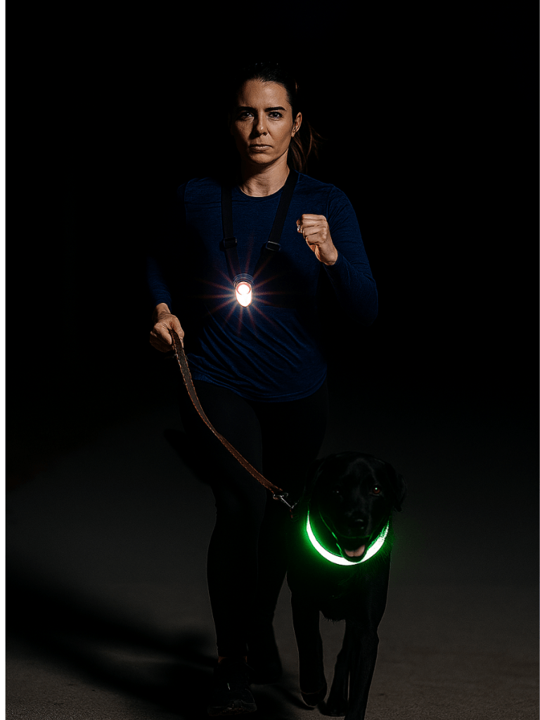 A fit woman runs at night alongside a black Labrador Retriever wearing a glowing green LED collar. She wears a navy blue long-sleeved athletic shirt, black leggings, and a chest-mounted LED safety light. Her hair is tied back in a ponytail, and she holds the dog’s leash while jogging on a dimly lit path. The dark background contrasts with the bright lights, highlighting their movement and visibility.