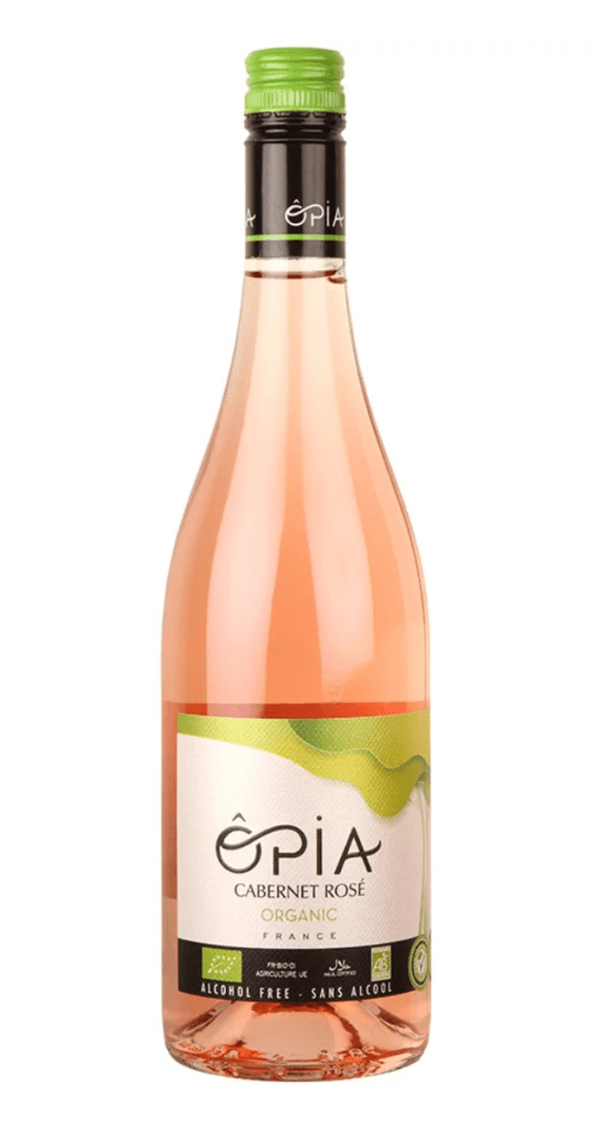 A bottle of non alcoholic wine featuring a label that reads "Epia," showcasing its elegant design and rich colour.