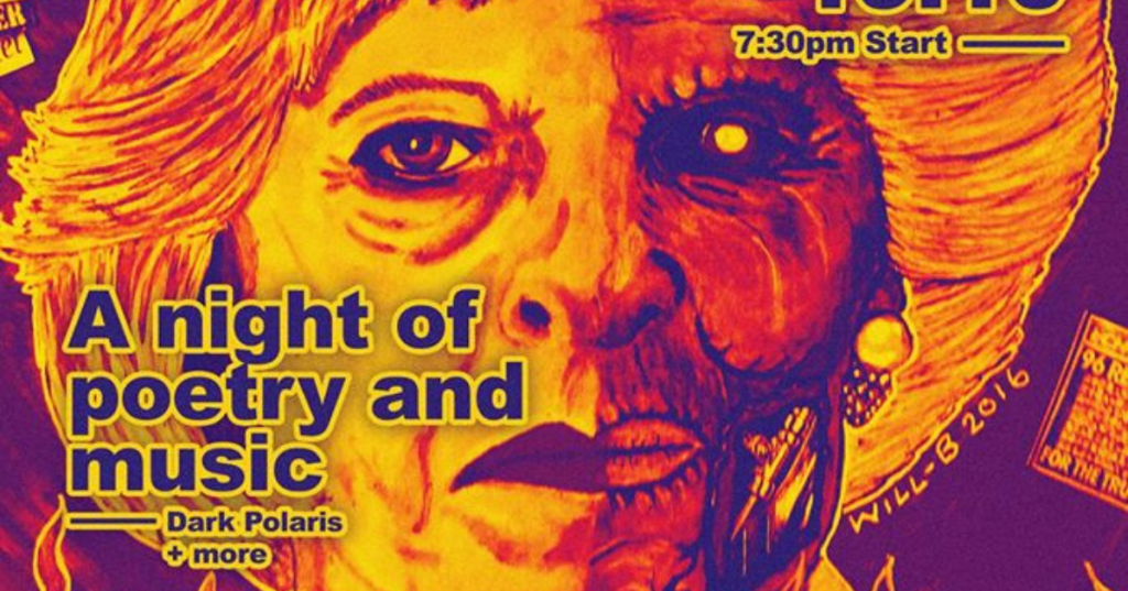 A vibrant promotional poster for a poetry and music event, featuring bold text and colourful graphics.