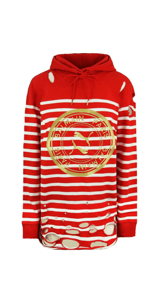 Striped hoodie in red and white with a gold logo, combining vibrant colours and branding.