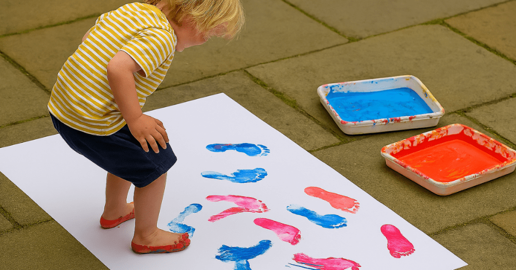 A young child with shoulder-length blonde hair is creating a painting using their feet outdoors on beige paving stones. The child wears a yellow and white striped t-shirt and navy shorts, and is mid-hop with one foot raised and the other pressing into a large white sheet of paper. Bright red, pink, and blue footprints cover the paper in playful patterns. Two shallow trays of paint—one blue, one red—sit nearby on the ground, showing signs of use. The scene captures a joyful, creative moment in a sunny, open space.
