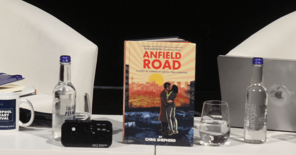Anfield Road Graphic Novel. Set up before talk with Chris Shepherd at Liverpool Literary Festival 2025.