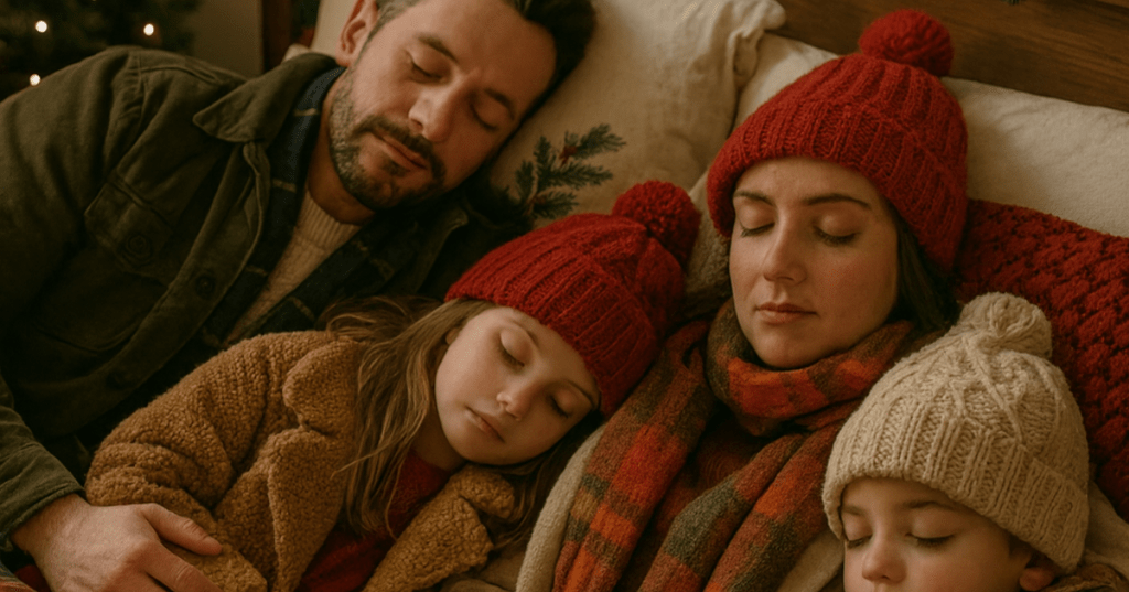 Illustration of a family sleeping in a cosy living room after a Christmas woodland hike. Parents and two children rest on a sofa and armchairs with blankets, surrounded by festive decor including a glowing fireplace, twinkling fairy lights, and a decorated Christmas tree. Muddy boots and coats dry by the fire, and a dog sleeps curled up on a rug. Warm, joyful holiday scene capturing post-hike relaxation.
