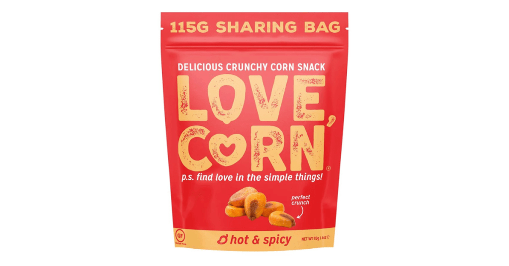 LOVE, CORN hot & spicy crunchy corn snack in bold red 115g sharing bag. Gluten-free, bold flavour, and perfect crunch—ideal for snacking, gifting, or on-the-go munching.