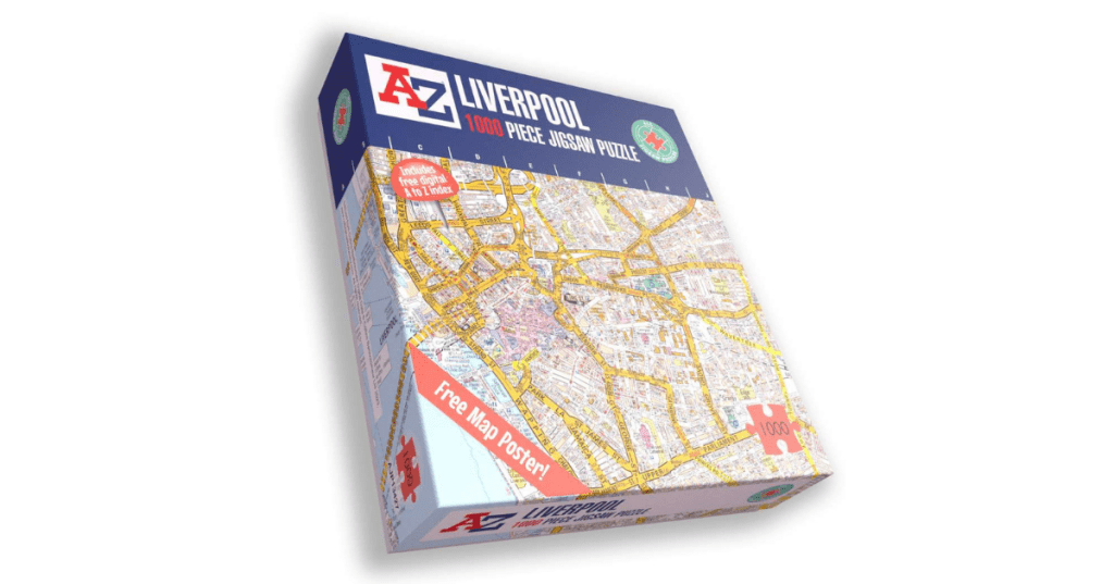 A-Z Liverpool 1000-piece jigsaw puzzle featuring a detailed city map with streets and landmarks. Includes free fold-out poster and digital A to Z index—perfect for geography lovers, Liverpool locals, and thoughtful gifting.