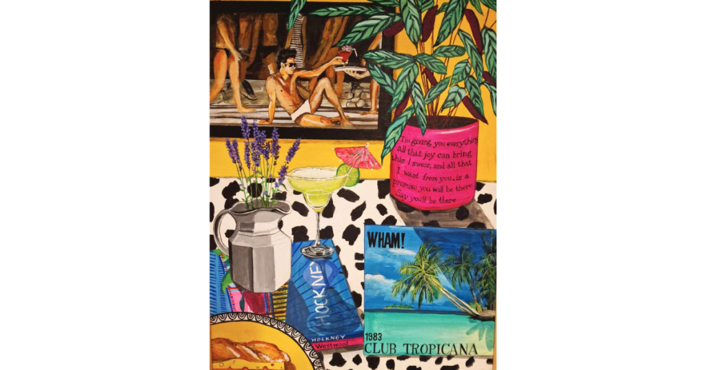 Club Tropicana-themed jigsaw puzzle featuring a vibrant collage of poolside lounging, tropical cocktails, retro postcards, and pop culture references. Includes playful nods to WHAM!, 1980s beach vibes, and eclectic summer scenes—perfect for fans of nostalgia, music, and bold design.