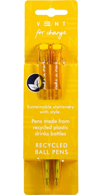 Two yellow ballpoint pens from VENT for Change, packaged on a bright yellow card with “make a mark” branding. Eco-friendly design made from recycled plastic drinks bottles, featuring a leaf logo and sustainable stationery messaging.