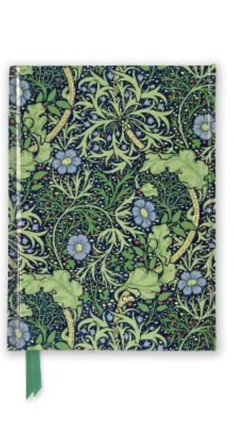 Hardcover notebook with a William Morris floral cover in green, blue, and yellow tones. Features an ornate symmetrical pattern of leaves and flowers, with a green ribbon bookmark. Ideal for journaling, sketching, or gifting, this original design evokes classic Arts and Crafts elegance.