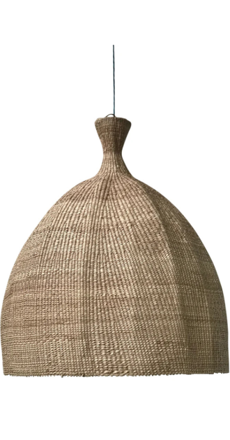 Giant Tonga Palm Lampshade – 60cm, handcrafted from natural woven fibers with a dome-shaped silhouette and narrow neck. Suspended from a ceiling cord, this artisanal pendant light adds rustic elegance and eco-friendly style to any interior.