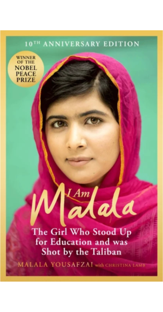 "I Am Malala 10th Anniversary Edition book cover featuring Malala Yousafzai in pink headscarf, Nobel Peace Prize badge, bold title text"