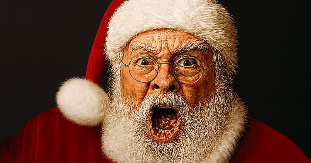 Santa Claus in a red suit and white fur trim, slamming his red-gloved hand downward with dramatic force; his mouth wide open in a shout, eyes intense behind round glasses, and the white pom-pom on his hat swinging upward—set against a solid black background for bold contrast.