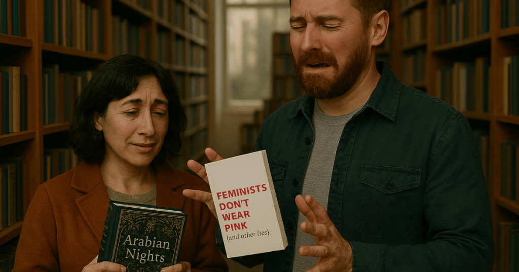 Inside a warmly lit charity bookshop, a ginger-haired man with a beard and green jacket recoils slightly while holding a paperback copy of Feminists Don’t Wear Pink. His expression is one of surprise and mild discomfort, as if the book were unexpectedly sticky. His left hand is raised with fingers splayed, and his eyes are squinting. The book’s cover is white with bold pink text. Behind him, tall wooden shelves filled with second-hand books line the shop, and soft daylight filters through a large window in the background.