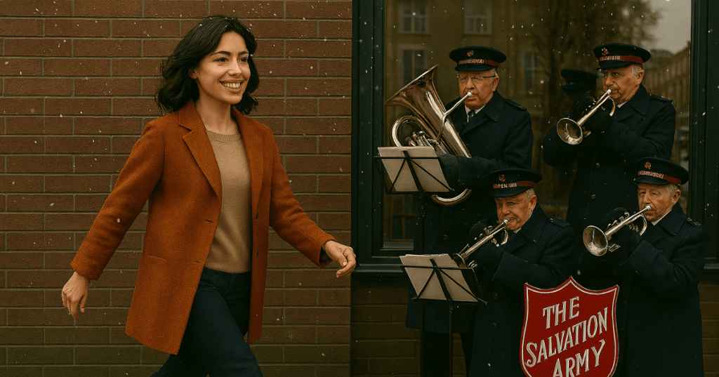 Image of a smiling woman walking past a Salvation Army brass band playing Christmas carols on a Liverpool street. She has shoulder-length dark hair, clear skin, and wears a burnt-orange coat, navy trousers, and brown boots. Her stride is light, with a slight skip, and snowflakes fall gently around her. The band, dressed in navy uniforms and black hats, plays brass instruments beside a red Salvation Army sign. Behind them is a red brick building with a large window reflecting trees and buildings. The atmosphere is festive and nostalgic, with soft winter light and a joyful mood.