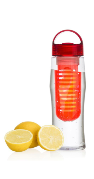 Clear water bottle with red lid and fruit infuser insert, shown with fresh lemons. The infuser holds lemon slices to naturally flavor water, promoting healthy hydration. Ideal for fitness, travel, or everyday use—stylish, BPA-free, and easy to clean.