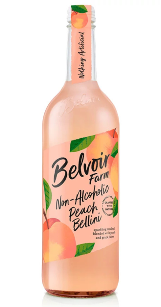 Bottle of Belvoir Farm Non-Alcoholic Peach Bellini, featuring a peach-hued sparkling mocktail made with real peach and grape juices. Illustrated label with peaches and green leaves highlights its natural ingredients and “Nothing Artificial” promise. Refreshing, elegant, and perfect for celebrations or mindful sipping.