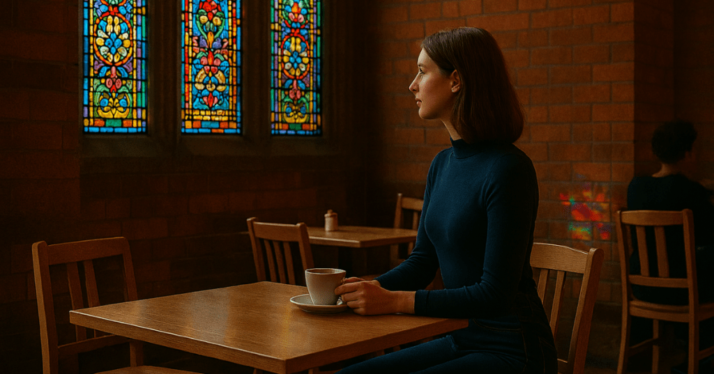 A woman with shoulder-length chestnut brown hair sits alone at a wooden café table, facing forward with a gentle smile. She wears a fitted navy blue turtleneck and dark denim jeans, her posture relaxed and upright as she holds a white coffee cup in both hands. Behind her, a large stained-glass window glows with vibrant patterns in red, blue, green, and yellow, casting multicoloured light across the red brick wall and wooden furniture. The café is warm and quiet, with other patrons seated at nearby tables, and the atmosphere feels calm and contemplative.