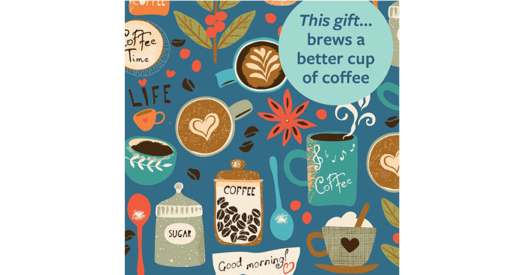 Illustrated coffee-themed gift card featuring colorful mugs with heart-shaped latte art, coffee beans, sugar jar, and whimsical text like “Coffee Time” and “Good morning!” Designed as part of the Gifts for Life collection, this card offers space for a personal message and supports fair wages and workers’ rights for farmers, producers, and artisans in Africa and South Asia. A meaningful gift that blends charm with impact—perfect for coffee lovers who care.