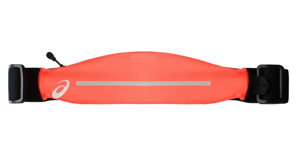 ASICS orange running belt with black adjustable straps, dual plastic buckles, and reflective safety strip. Includes zippered compartment for essentials and branded logo—lightweight, secure, and ideal for low-light workouts and long-distance runs.