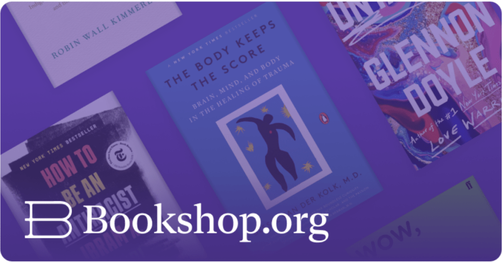 Gift Card featuring popular book covers arranged against a purple background, including titles such as Untamed, The Body Keeps the Score, and How to Be an Antiracist. A central message highlights digital gift cards that let readers choose their own books while supporting independent bookshops across the UK. The gift cards are fully digital, ideal for thoughtful or last‑minute presents, and help local bookshops thrive.