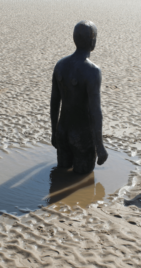 A solitary iron human figure sculpture, created by Antony Gormley, stands on Crosby Beach, its lower legs submerged in a shallow tidal pool. The statue faces away from the viewer, gazing toward the horizon. Its dark, weathered surface is mottled with green patches, suggesting exposure to sea air and algae. The scene evokes quiet contemplation, with natural textures and muted tones highlighting the sculpture’s stillness against the dynamic coastal environment.