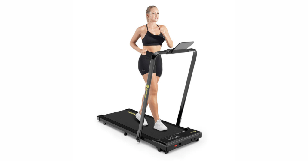DeerRun A5 Pro Smart 2-in-1 Folding Treadmill black treadmill with digital control panel, safety bar, device holder and folds up. Shown in use by person in athletic wear—compact, sleek design ideal for home workouts, walking, and jogging.