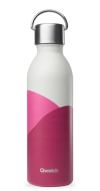 Stylish reusable water bottle with aluminium cap and loop handle. Features a white-to-magenta wave design and "Qwetch" branding near the base—ideal for eco-conscious hydration with a modern aesthetic.