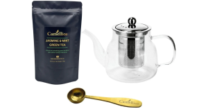 Camellios loose leaf tea starter kit featuring Jasmine & Mint Green Tea (100g), a glass teapot with metal infuser, and a gold-toned branded teaspoon. Hand-blended in the UK, this organic and fair trade set offers a floral, refreshing brew with cooling undertones—ideal for gifting or mindful tea rituals.