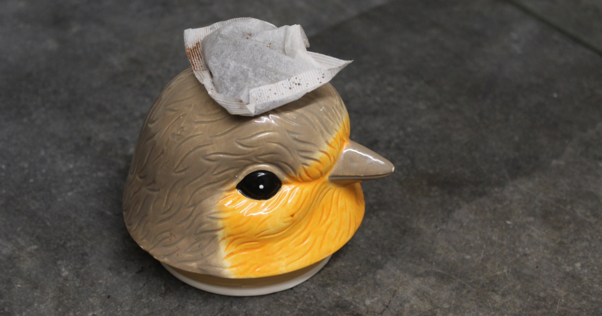 Ceramic bird head with textured feathers and painted details in gray, yellow, and orange, featuring a glossy black eye and prominent beak. A used tea bag rests playfully on top, adding a humorous twist to this decorative piece. Set against a dark, textured surface.