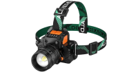 Durable LED headlamp with adjustable black and green strap, designed for outdoor use. Features high, low, SOS, and off modes for versatile lighting during hiking, trekking, and trail navigation. Rugged black casing with orange accents ensures reliable hands-free illumination in challenging environments.