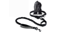 SparklyPets belted dog lead set with shock-absorbing bungee leash, adjustable waist belt, and drawstring pouch. Designed for hands-free dog walking or jogging, featuring padded handle, sturdy metal clips, and durable black-and-green strap with printed branding.