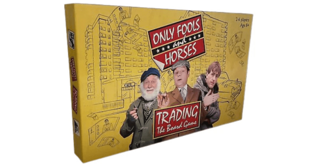 Only Fools and Horses: Trading The Board Game – yellow box featuring stylized cityscape and three blurred characters, suitable for 2–6 players aged 8 and up.