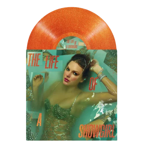 Taylor Swift vinyl record titled THE LIFE OF A SHOWGIRL, featuring a glittery orange disc and bold matching text. Cover art shows Swift submerged in water wearing a beaded showgirl costume, blending theatrical glamour with surreal elegance. A collector’s item for fans of Swift’s visual storytelling and femme-inspired fantasy aesthetics.