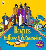 Illustrated Beatles Yellow Submarine 50th Anniversary publication featuring cartoon-style portraits of the band, psychedelic landscape, whimsical characters, and bold “THE BEATLES Yellow Submarine” text—ideal for music memorabilia, retro art prints, or collectible merchandise listings.