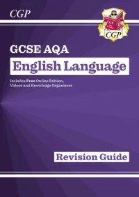 GCSE AQA English Language Revision Guide by CGP; purple cover with radiating pattern, CGP shield logo, and gold text highlighting free online edition, videos, and knowledge organisers—ideal study resource for UK secondary students.