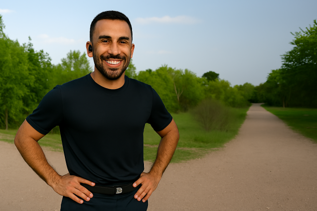 Male beginner runner in black athletic gear jogging on a wide gravel trail through a green park. He wears white New Balance running shoes with coral accents, bone conduction headphones, and a black waist belt with zippered pouch. The path stretches ahead into the distance, surrounded by lush trees and grass under a clear sky, symbolizing progress and outdoor fitness motivation.