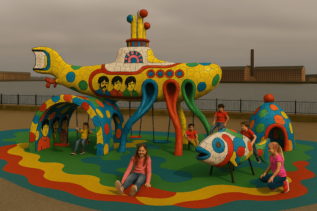 A vibrant Beatles-themed playpark at Bramley-Moore Docks features a large Yellow Submarine sculpture covered in multicolored mosaic tiles. Three tunnel slides—red, blue, and yellow—extend from the submarine’s windows. Cartoon portraits of The Beatles are displayed on the side. Children are actively playing: one slides down, another climbs a fish-shaped mosaic structure, and others explore a Beatles-themed archway and dome. The rubberized ground is patterned in bright wavy colours. In the background, red brick warehouses and a tall chimney line the dockside under a cloudy sky.