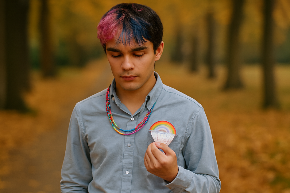 Young man standing in an autumn park, wearing baggy jeans and a light blue button-up shirt with a dark hoodie knotted around his waist. His hair is dyed in streaks of pink and blue. Around his neck are clashing plastic bead necklaces in rainbow colors. He holds a folded £10 British banknote with a rainbow badge attached—identical to the one pinned to his shirt pocket. His expression is contemplative, and fallen leaves cover the path behind him.