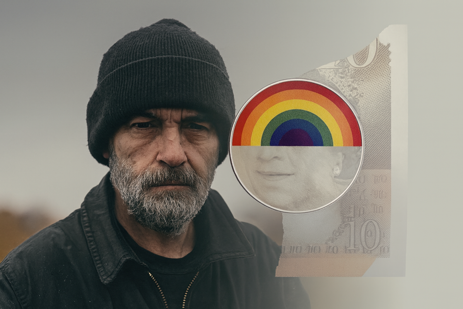 Portrait of an older man with a wiry grey beard and weathered face, wearing a faded black jacket and a wool hat pressed down over his thinning frame. His left eye twitches slightly beneath the hat. He stands against a muted, overcast background, looking directly at the camera with a quiet, familiar expression. To the right, a circular rainbow badge with seven horizontal stripes—red, orange, yellow, green, blue, indigo, and violet—is superimposed over a ten-pound British banknote featuring Queen Elizabeth II’s portrait.