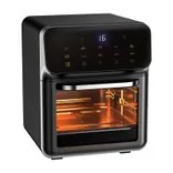 Modern countertop air fryer oven with a sleek black finish and transparent front door revealing the illuminated interior. The digital control panel displays “16” and icons for baking, roasting, and air frying. Compact and versatile design ideal for efficient, multi-function cooking in contemporary kitchens.