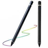 Sleek black Universal Capacitive Stylus Touch Screen Pen shown in upright and angled positions, with one pen drawing a vibrant rainbow curve—ideal for digital art, note-taking, and touchscreen navigation. Features include a responsive tip, metallic accent band, and function button for enhanced control and compatibility across tablets, smartphones, and touchscreen laptops.