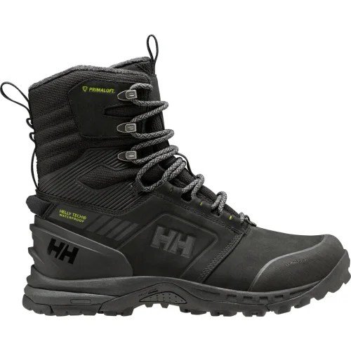 Black Helly Hansen high-top waterproof hiking boot with rugged tread, metal eyelets, and PrimaLoft® insulation. Features HELLY TECH® waterproofing and HH branding on side and heel. Designed for outdoor durability and cold-weather protection.