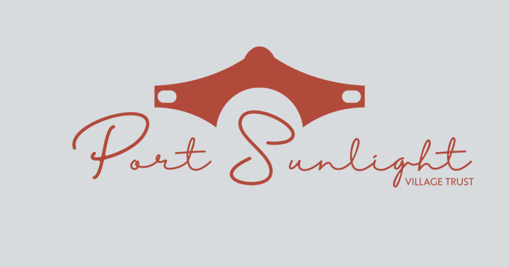 Logo design proposal for Port Sunlight Village Trust rebrand, featuring a stylized red brick architectural motif with circular cutout above flowing "Port Sunlight" script and sans-serif "VILLAGE TRUST" text. Set against a pale blue background, the design blends heritage symbolism with modern identity.