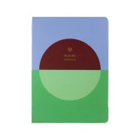 Modern reading journal with geometric cover design featuring a large circle split maroon and light green, gold icon and “READING JOURNAL” title in uppercase gold text; minimalist aesthetic with rounded corners and color-blocked background in blue and green.